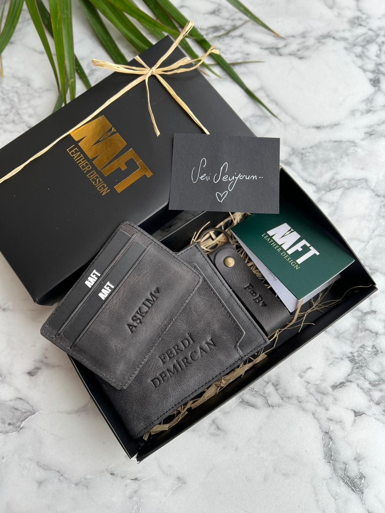 Hakiki Deri Erkek Cüzdan Seti - İsim Yazılı, Kişiye Özel Kartlık ve Anahtarlık | Paris 1204 | 